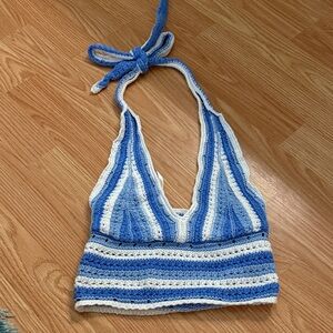 Blue and White Hollister Crochet Halter Top
